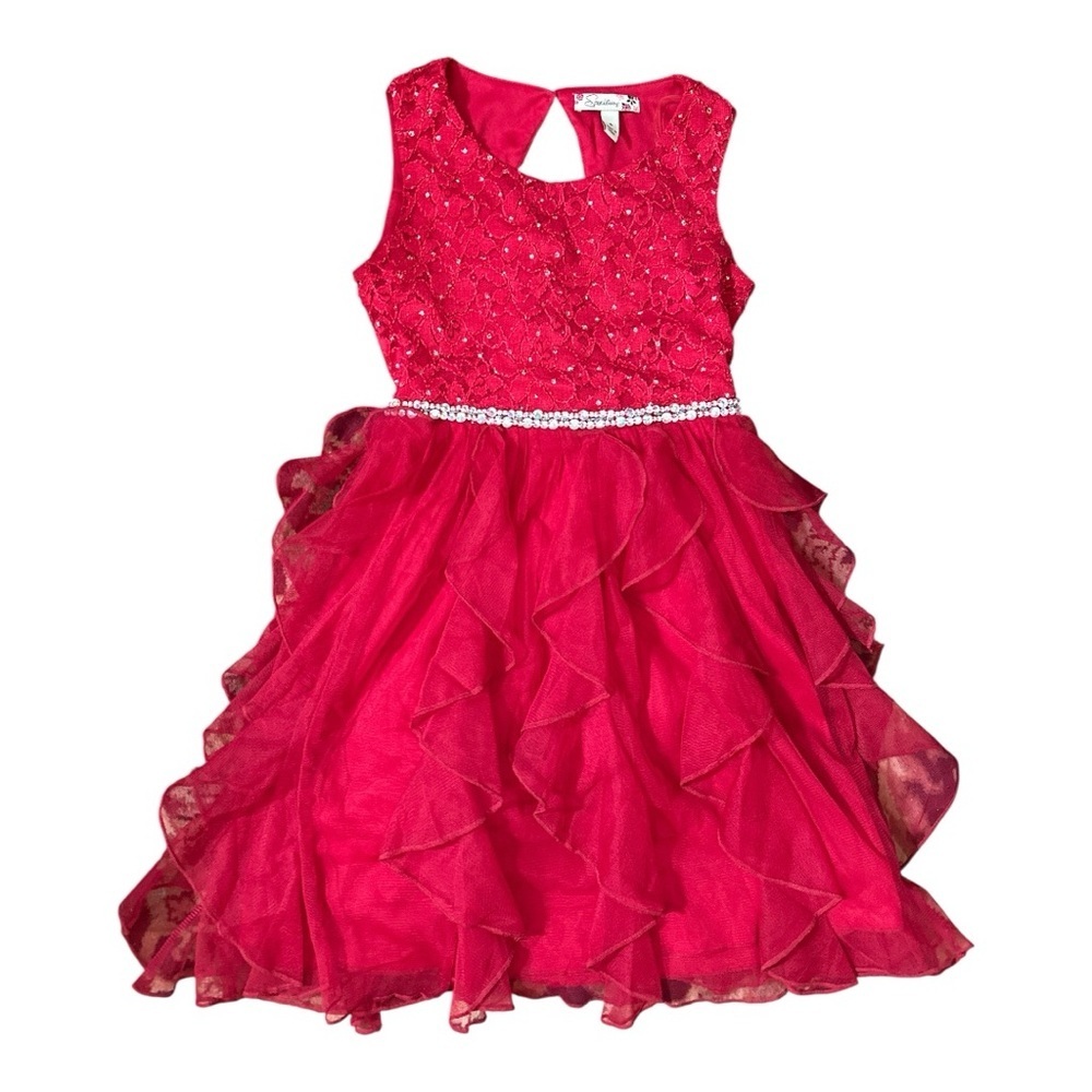 Speechless Girls Red Lace & Ruffle Party Dress Sz 8 Sparkly Bodice & Rhinestone